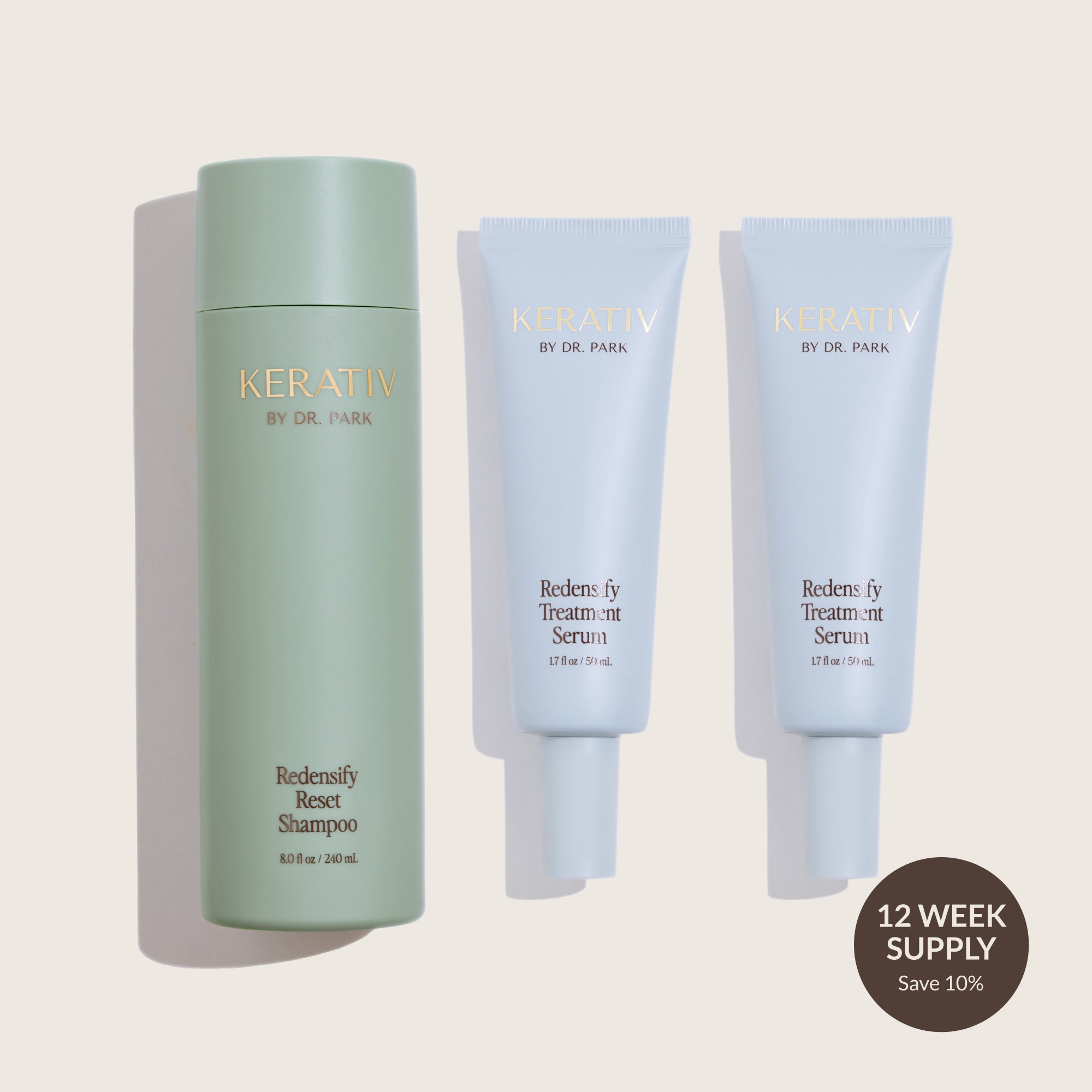 Side-by-side of one Kerativ Redensify Reset Shampoo bottle and two Kerativ Redensify Treatment Serum tubes with text about supply and sales
