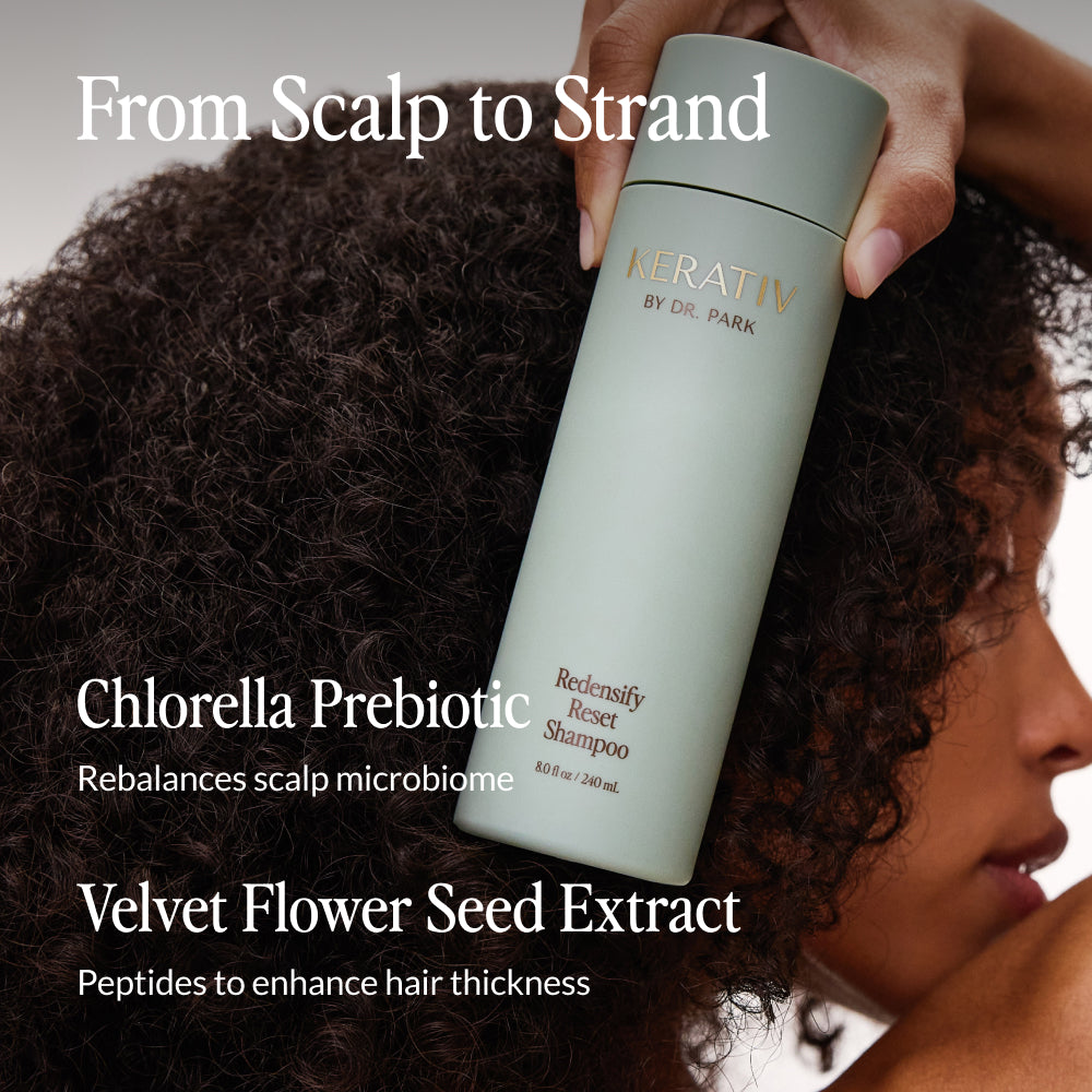 Close-up of woman's hair and Kerativ Redensify Reset Shampoo bottle with texts of ingredients and benefits