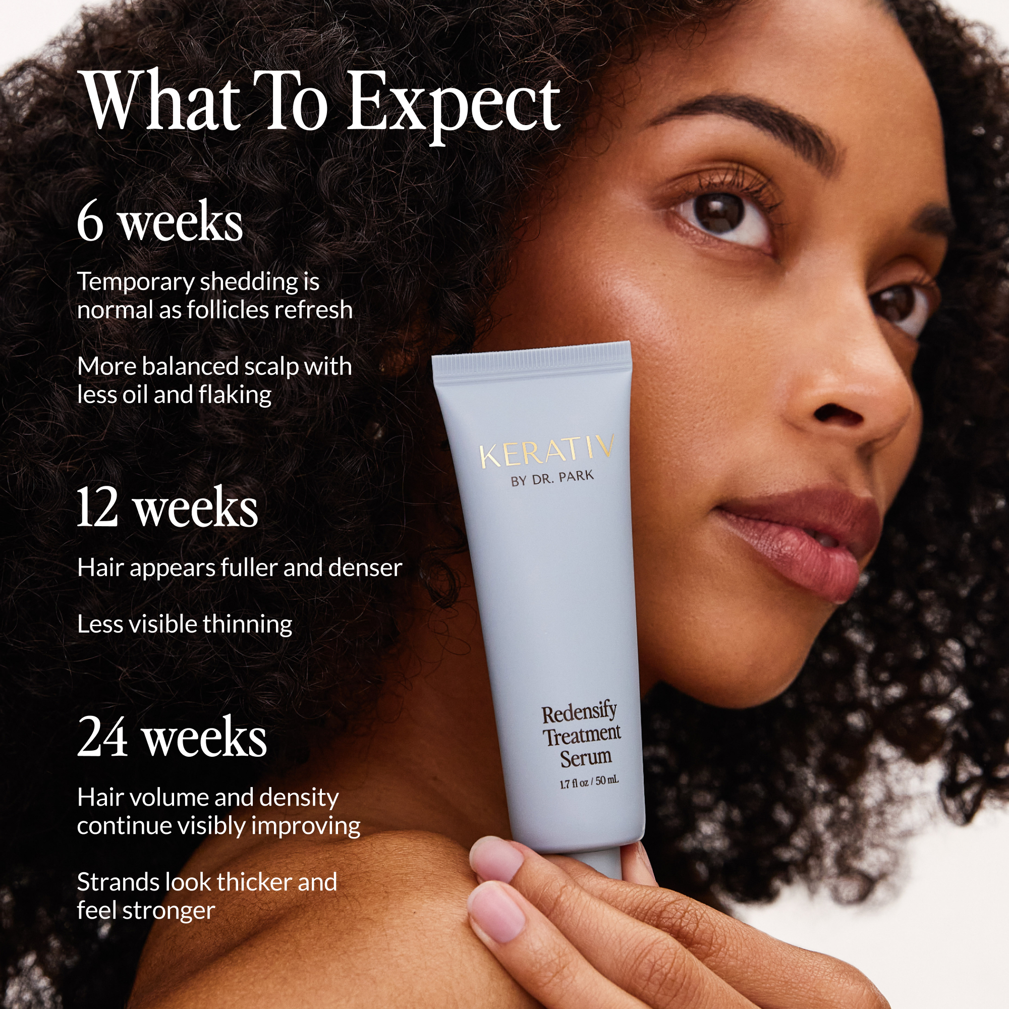 Woman holding up Kerativ's Redensify Treatment Serum with texts about what to expect in weeks of use