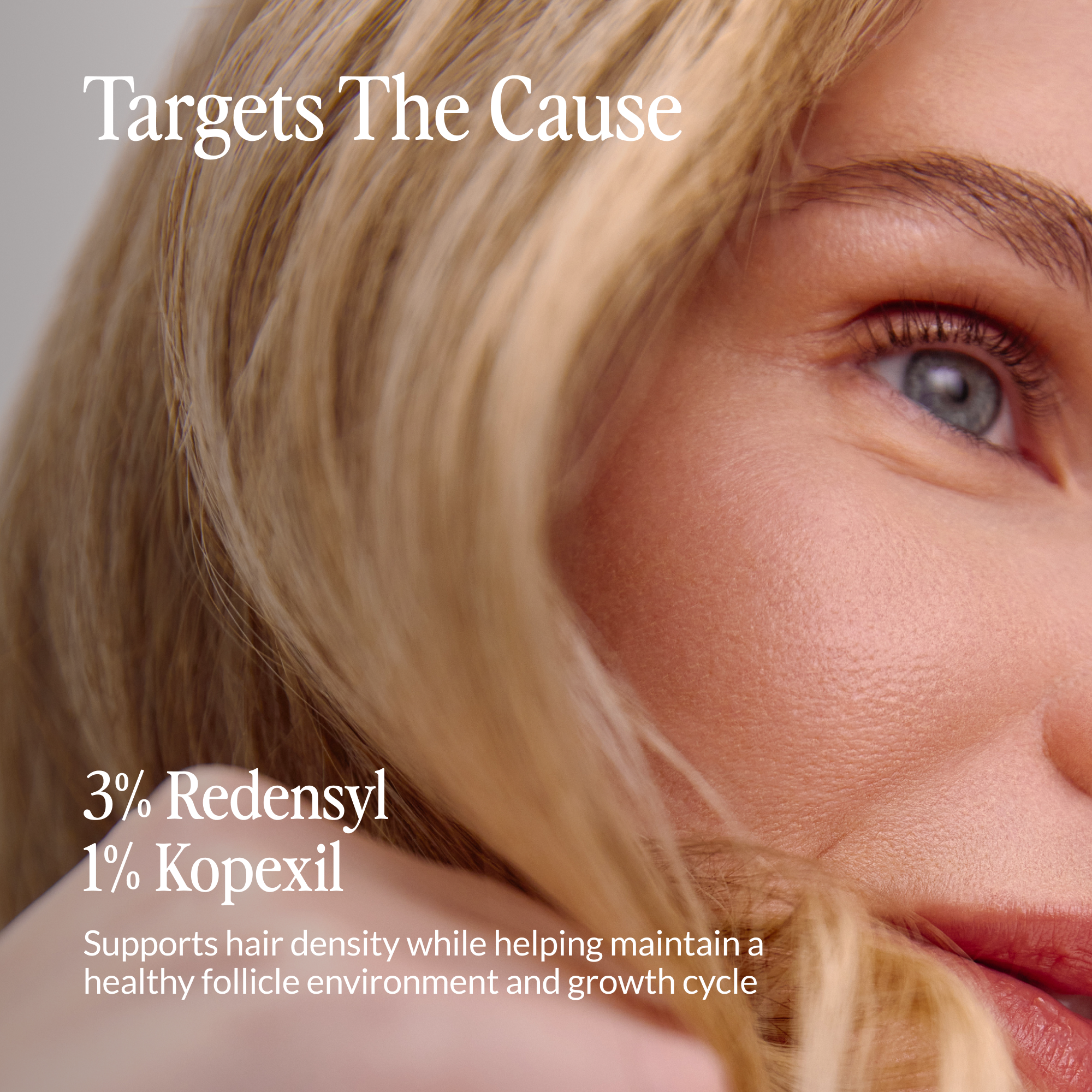 Close-up of woman's hair with texts about ingredients of Kerativ's Redensify Treatment Serum that support hair density and a healthy growth cycle