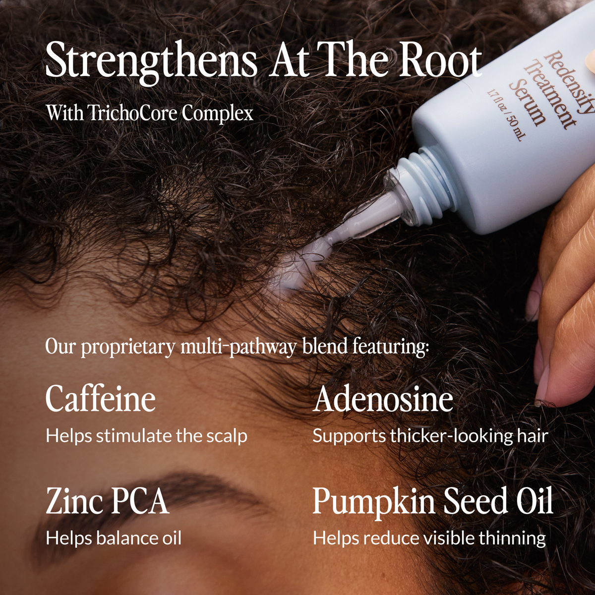 Close-up of woman applying Kerativ Redensify Treatment Serum on scalp with texts of Kerativ's proprietary multi -pathway blend ingredients that strengthens hair at the root