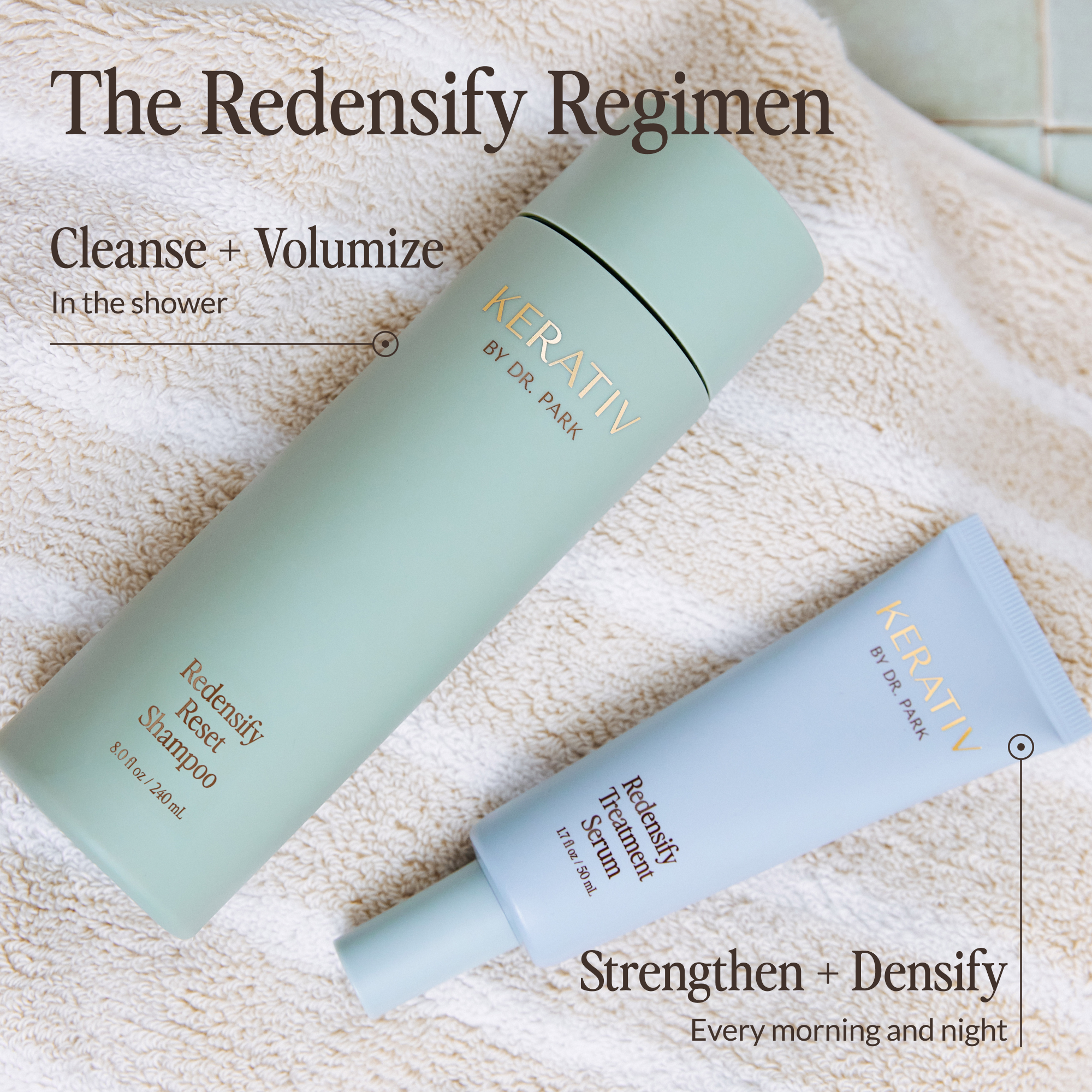 Kerativ shampoo bottle and Kerativ Redensify Treatment Serum in minimalist design packaging with texts about use for the redensify regimen