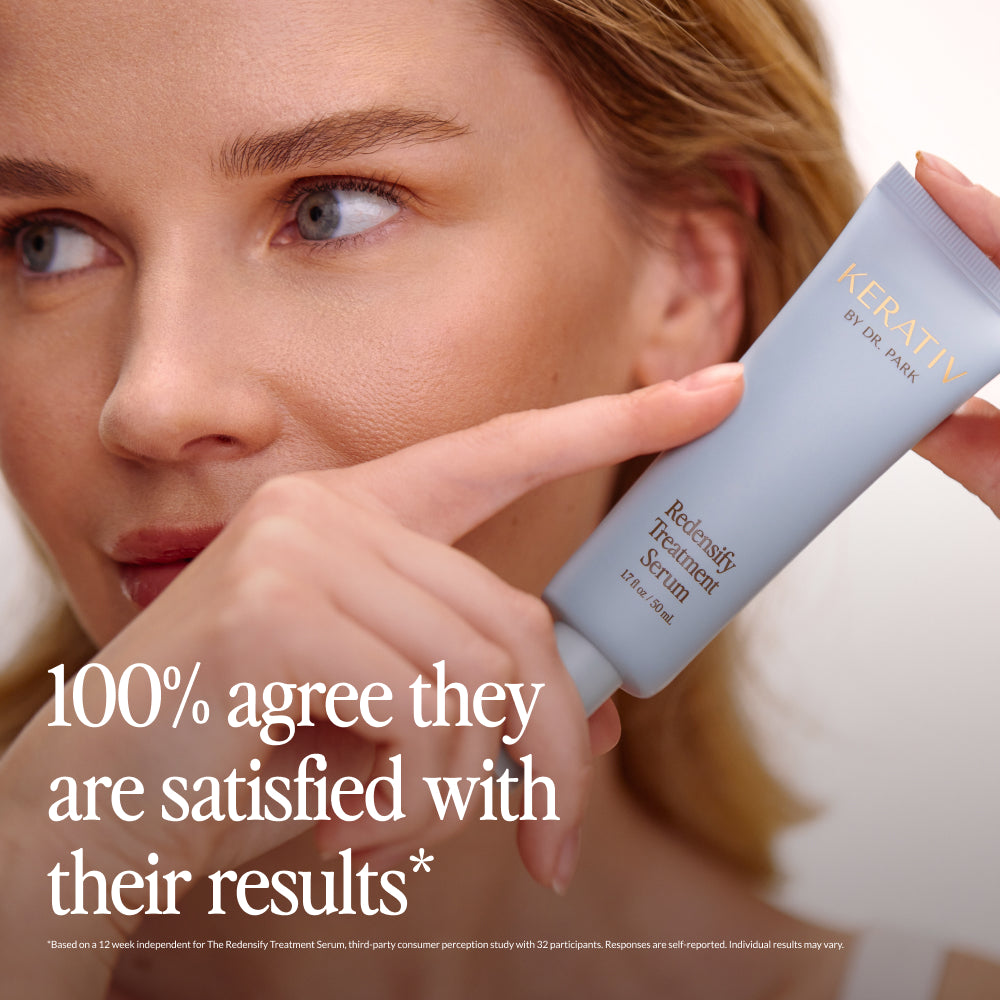 Close-up of woman holding Kerativ Redensify Treatment Serum with text about customer satisfaction